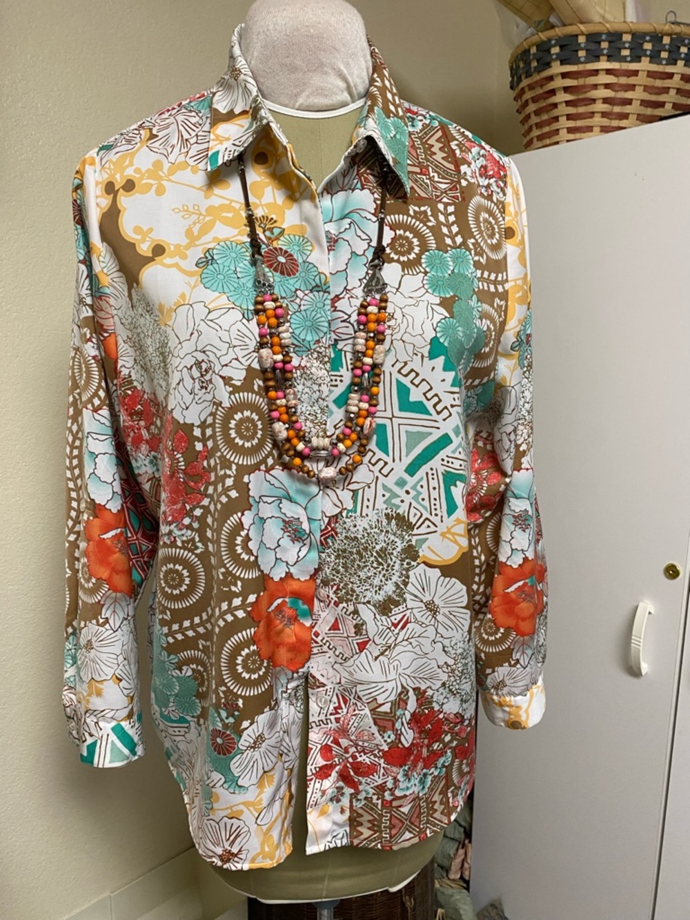Chico's Floral & Geometric Button-Up Blouse in Brown, Orange & Teal